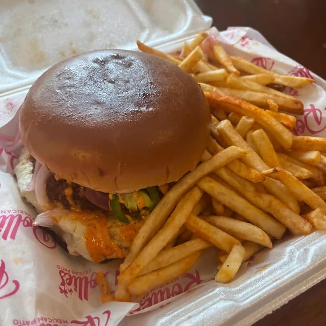 Birria Burger with Fries.