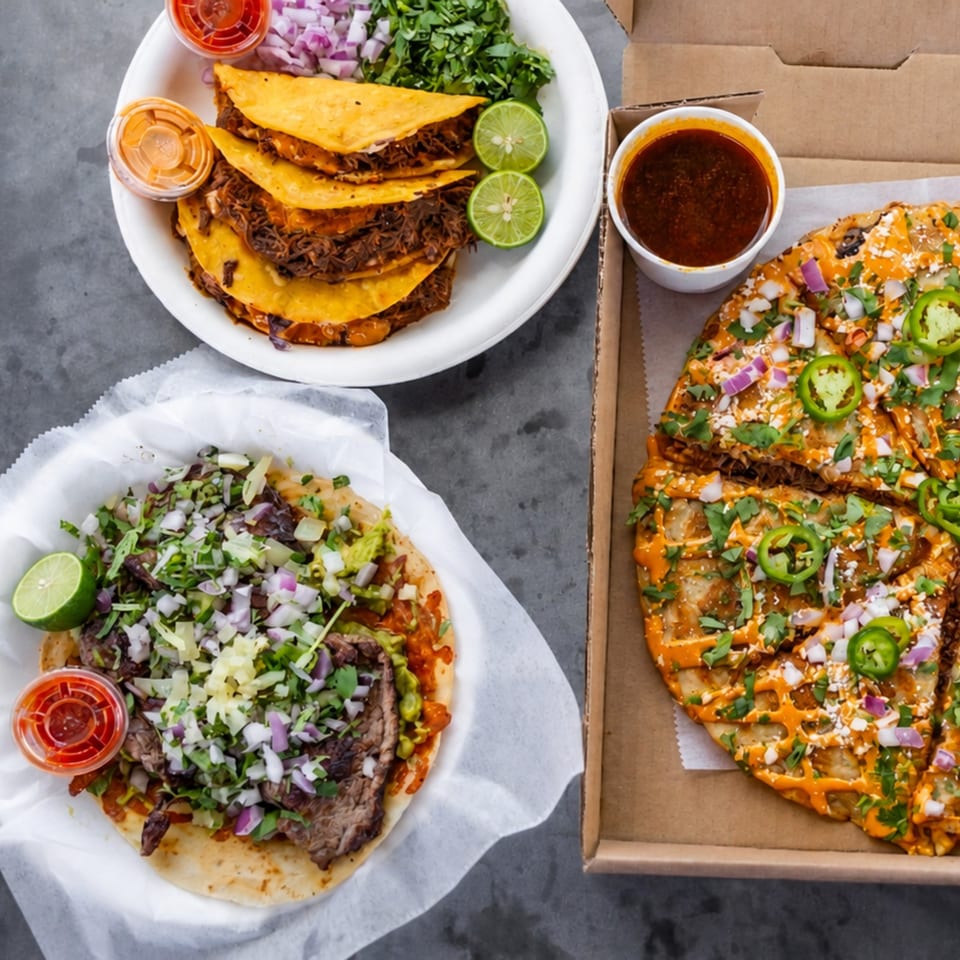 A spread of Mexican food, including birria tacos, a large carne asada taco, and a quesadilla pizza.